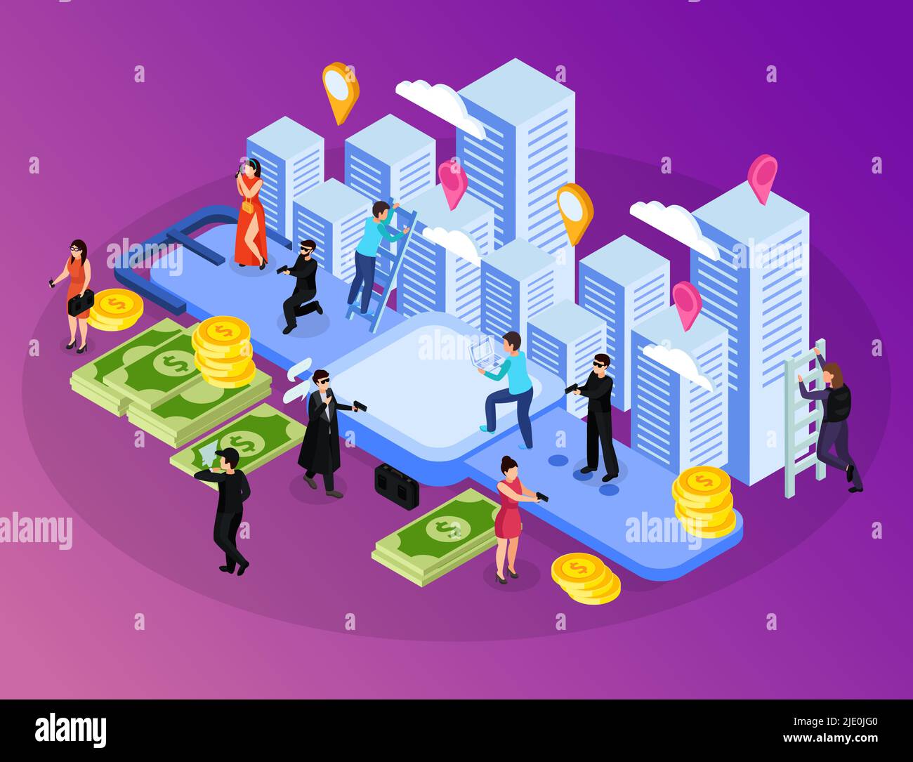 Special agent spy isometric composition with human characters near tall buildings with money and location signs vector illustration Stock Vector