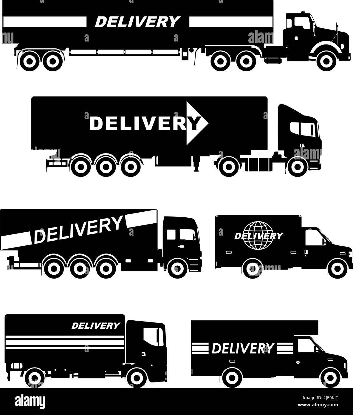 Silhouette illustration of delivery trucks on white background. Stock Vector