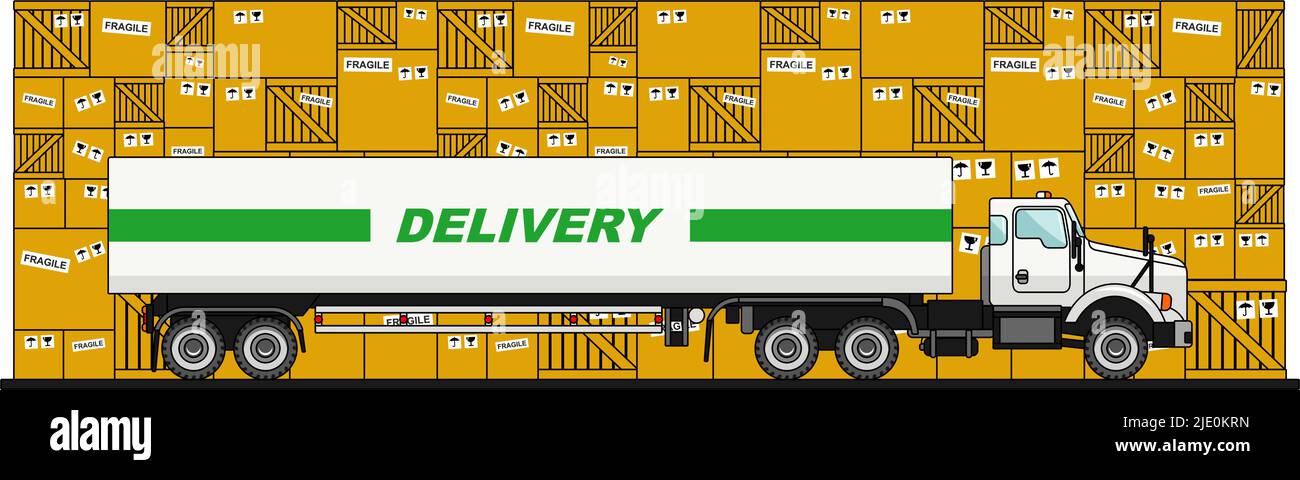 Truck on the boxes background in flat style. Stock Vector