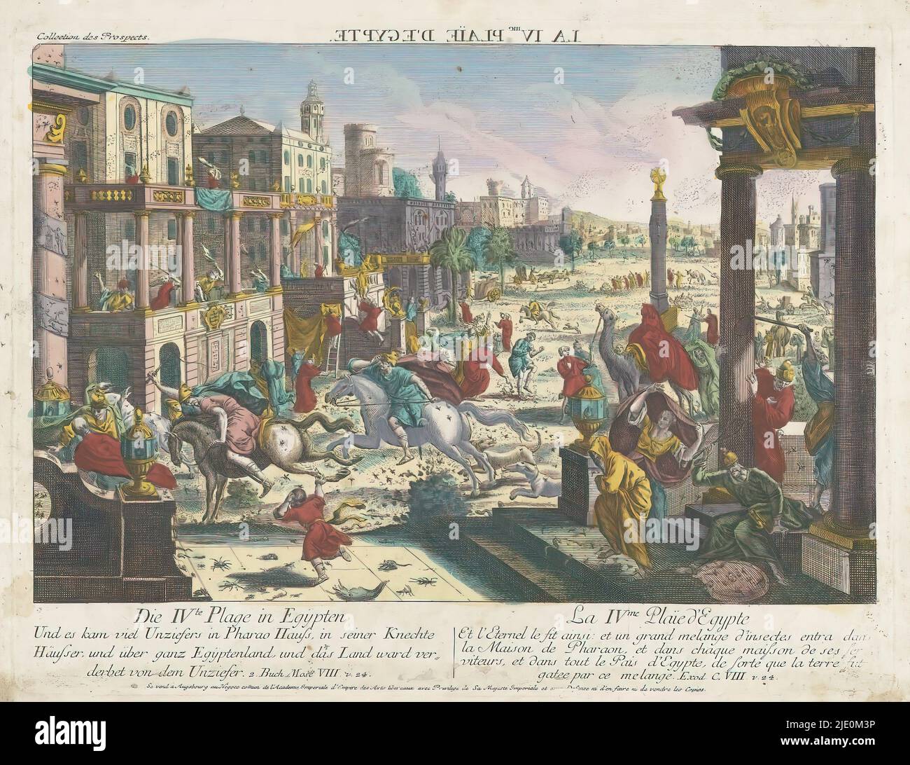 The fourth plague of Egypt, Die IVte Plage in Egypten (title on object), The plague of vermin. View of a square in a city where people and horsemen are running around and beating around the bush. Everywhere is crawling with insects Under the image explanations in German and French., publisher: Kaiserlich Franziskische Akademie, (mentioned on object), print maker: anonymous, Jozef II (Duits keizer), (mentioned on object), publisher: Augsburg, print maker: Germany, 1755 - 1779, paper, etching, brush, height 332 mm × width 433 mm Stock Photo