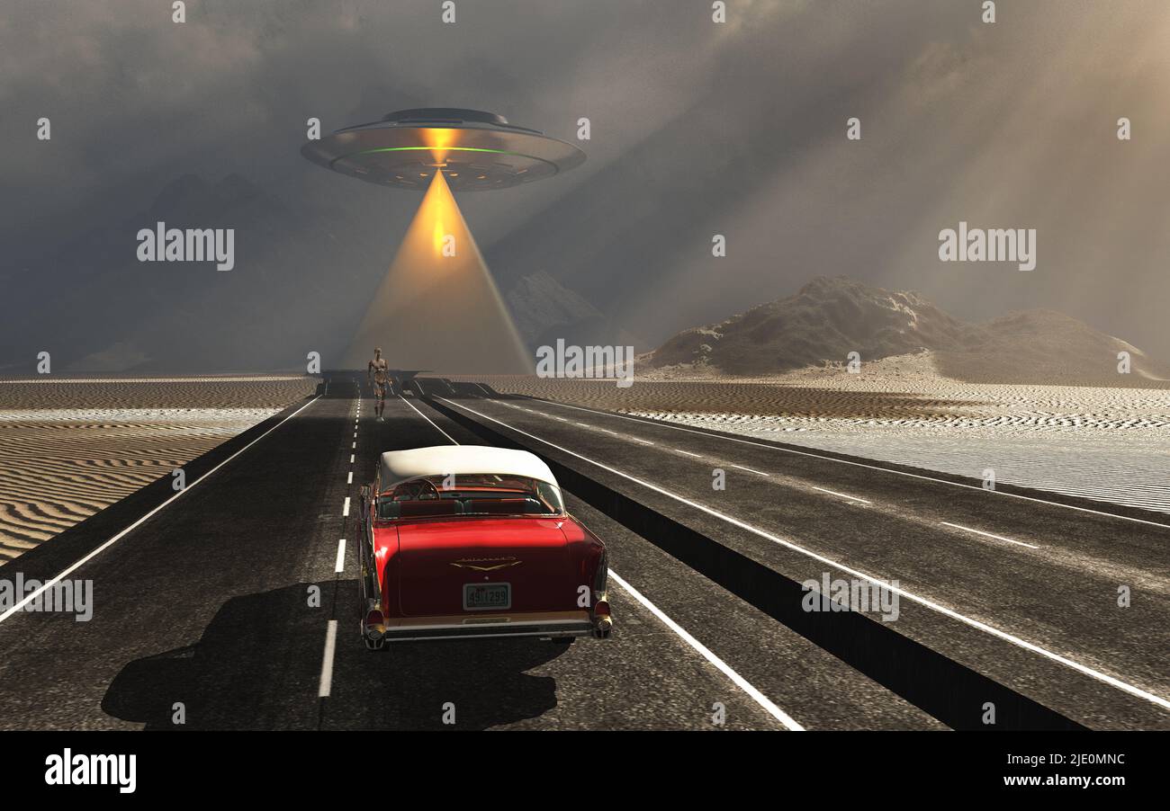 A UFO Close Encounter On A Desert Road Stock Photo