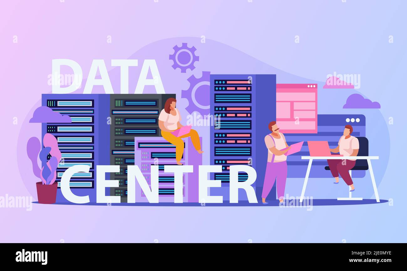System administrators working in data center flat composition vector ...