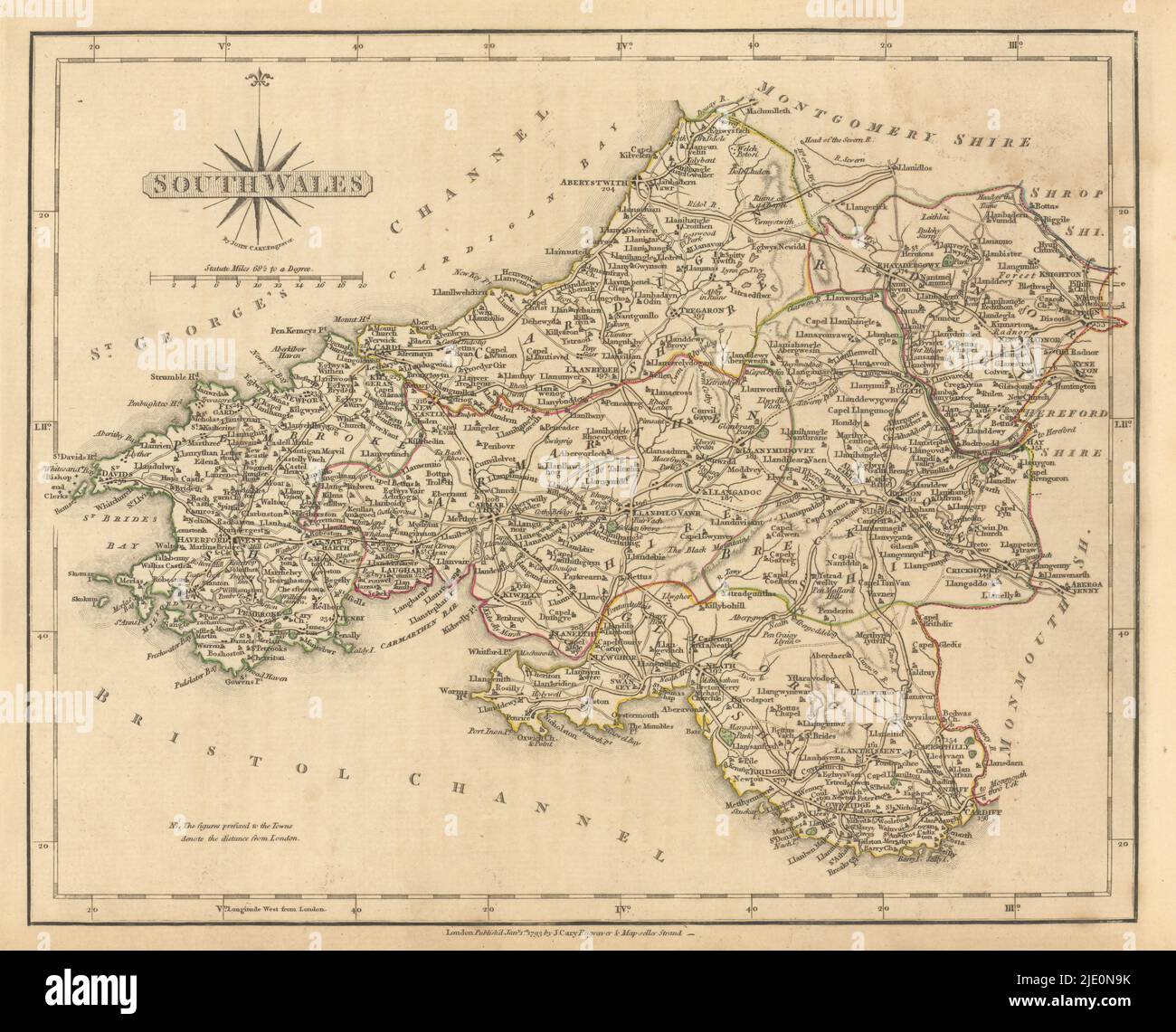 Antique map of SOUTH WALES by JOHN CARY. Original outline colour 1793 old Stock Photo - Alamy