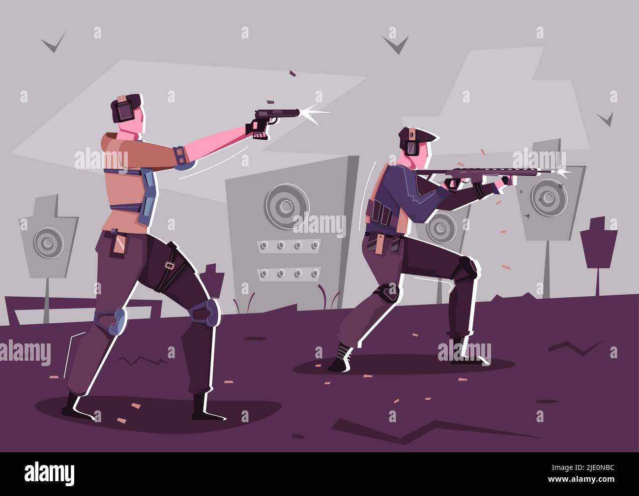 Shooting training flat composition with two male characters in protective ammunition holding weapon and shooting at targets vector illustration Stock Vector