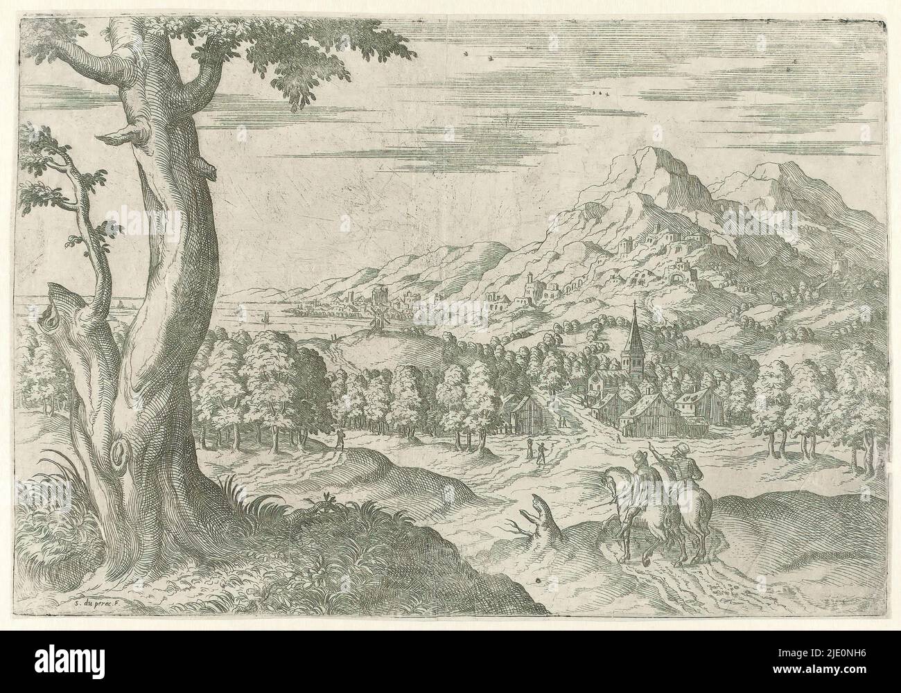 Landscape with two horsemen, print maker: Etienne Dupérac, (mentioned on object), France, 1535 - 1604, paper, etching, height 294 mm × width 428 mm Stock Photo