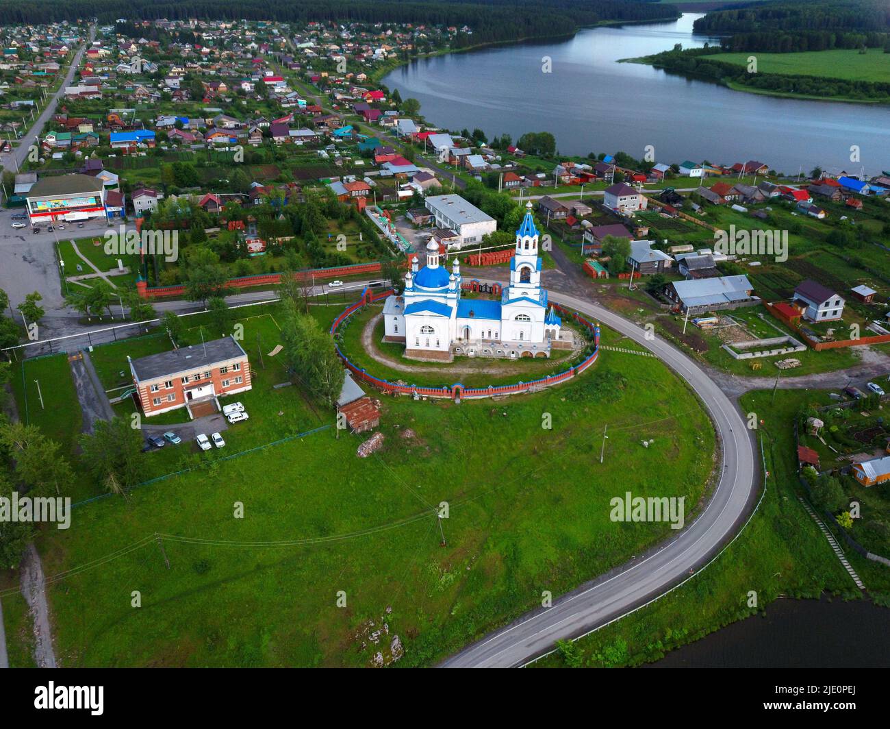 an old Orthodox church village on the river bank.bird's-eye view Stock ...