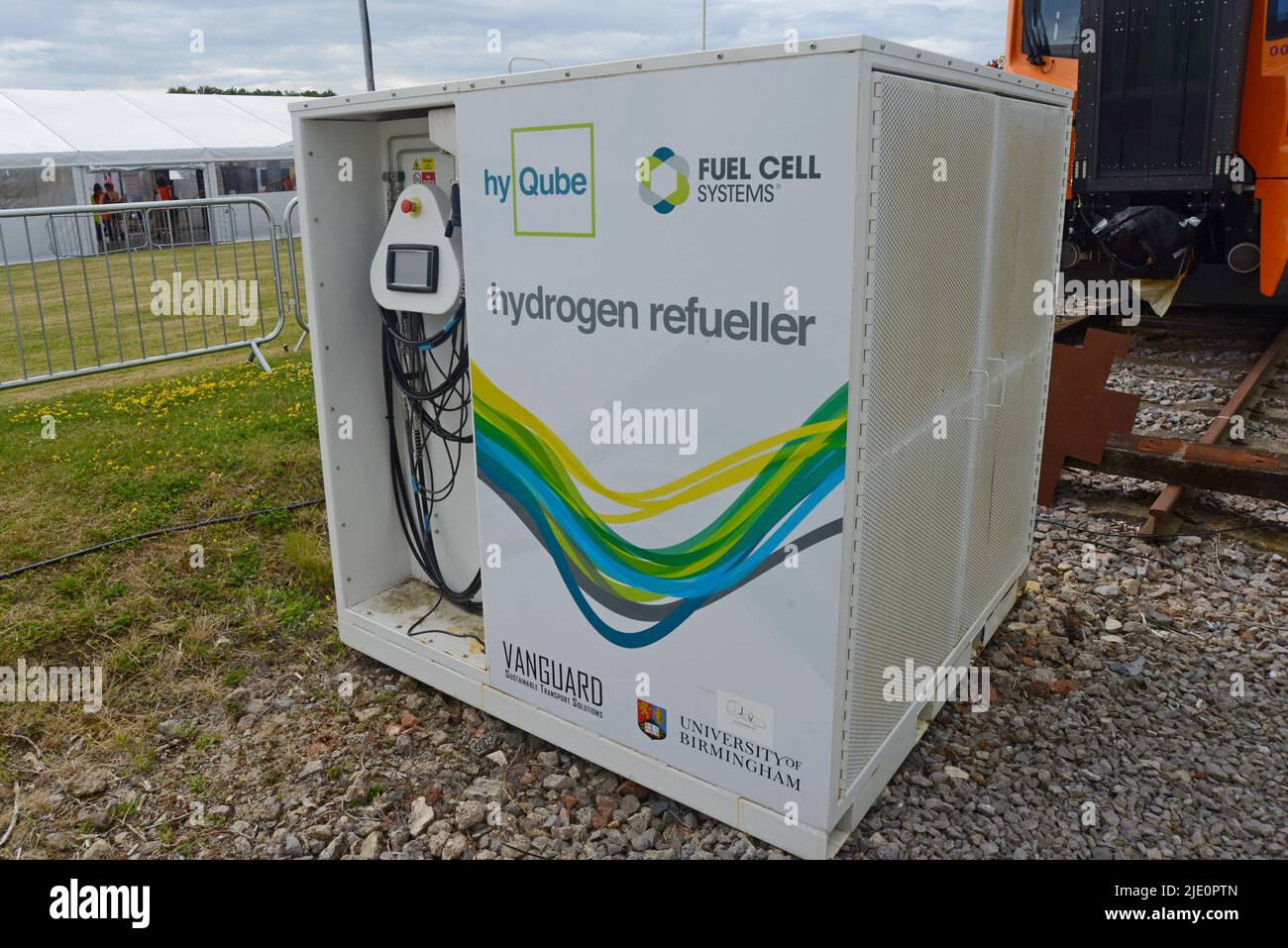 A hydrogen fuel cell refuelling point for hydrogen powered trains at the Long Marston Rail Innovation Centre, Warwickshire, UK Stock Photo