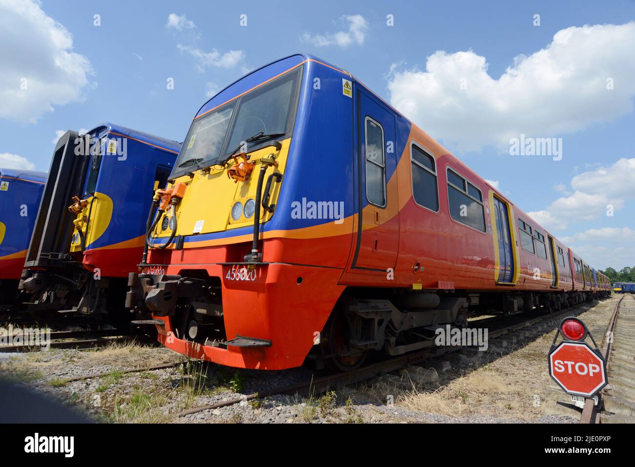Withdrawn awaiting disposal Class 319, Class 455 & Class 456 South Western Railway trains at Long Marston Storage Depot, Warwickshire, UK Stock Photo