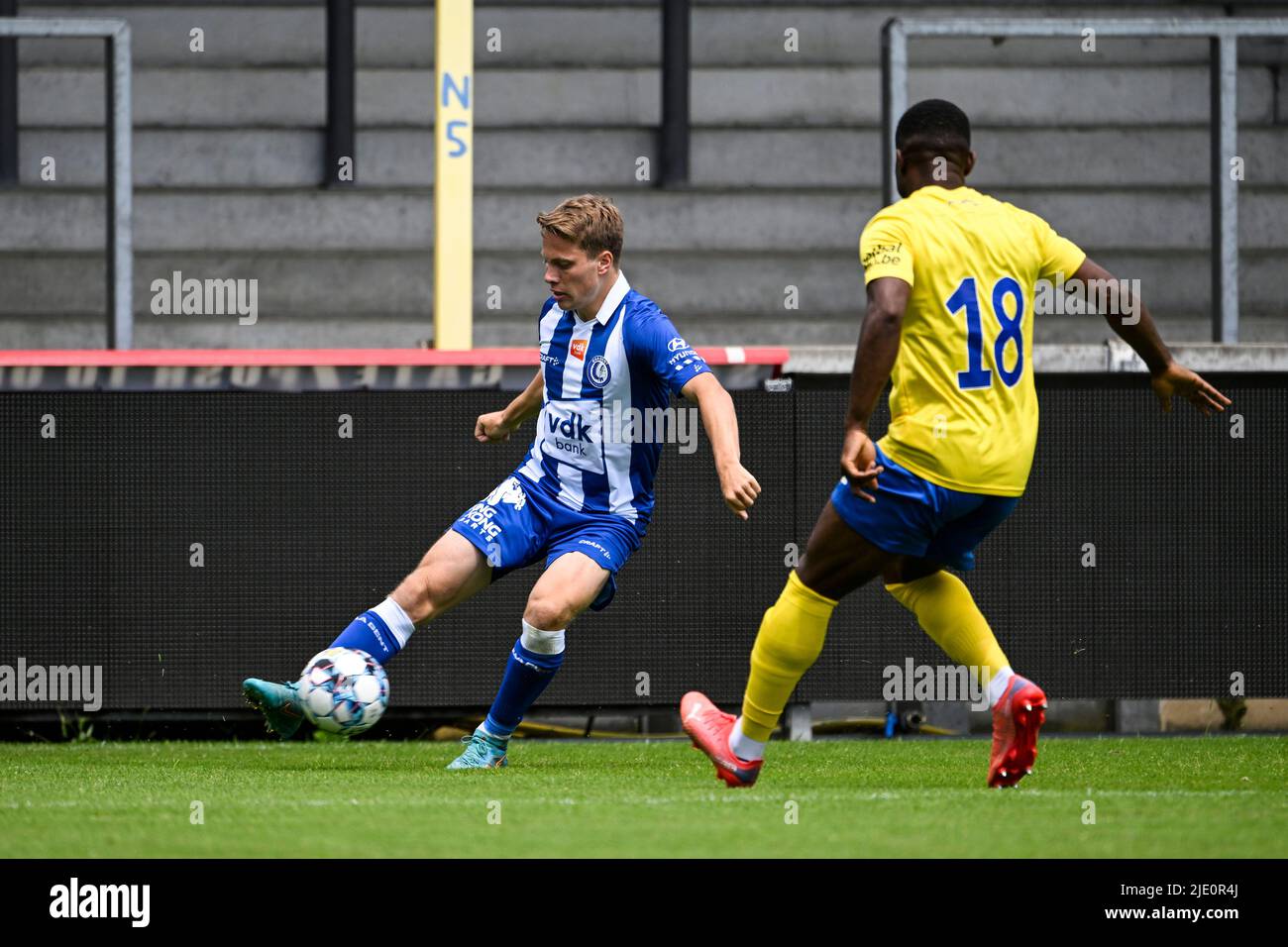 Gent's Matisse Samoise and Westerlo's Kouya Mabea pictured in action during a friendly soccer match between Belgian Jupiler Pro League team KVC Westerlo and KAA Gent, in Westerlo Friday 24 June 2022. BELGA PHOTO TOM GOYVAERTS Credit: Belga News Agency/Alamy Live News Credit: Belga News Agency/Alamy Live News Stock Photo
