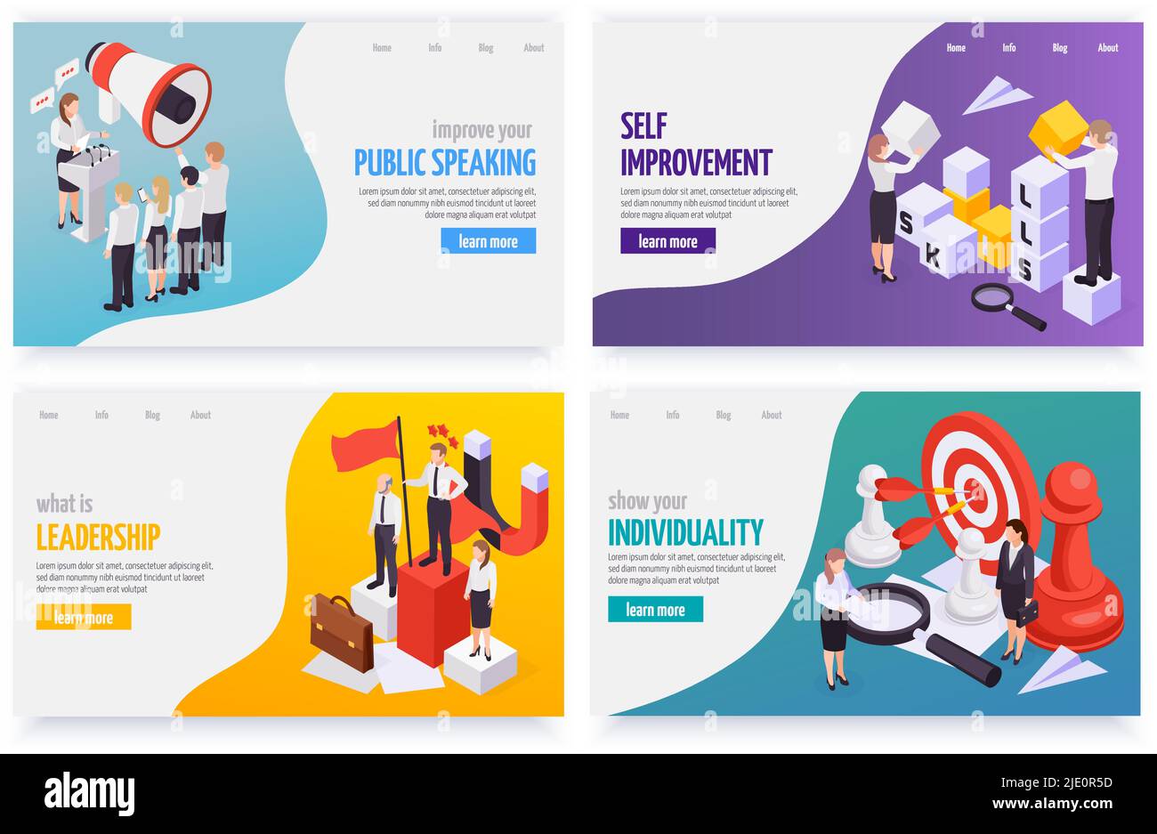 Soft skills concept 4 isometric web banners set with public speaking leadership individuality self improvement vector illustration Stock Vector