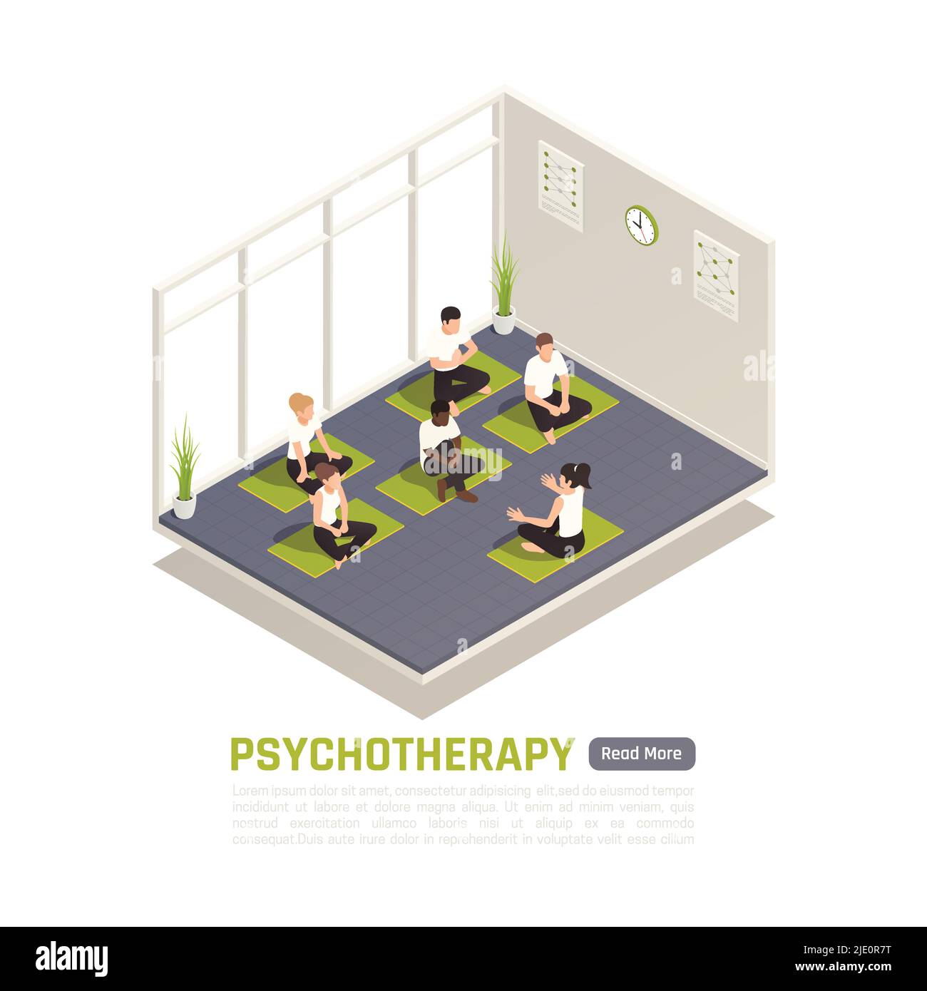 Incorporating yoga in psychotherapy healing process isometric composition with psychologist clients sitting in lotus pose vector illustration Stock Vector