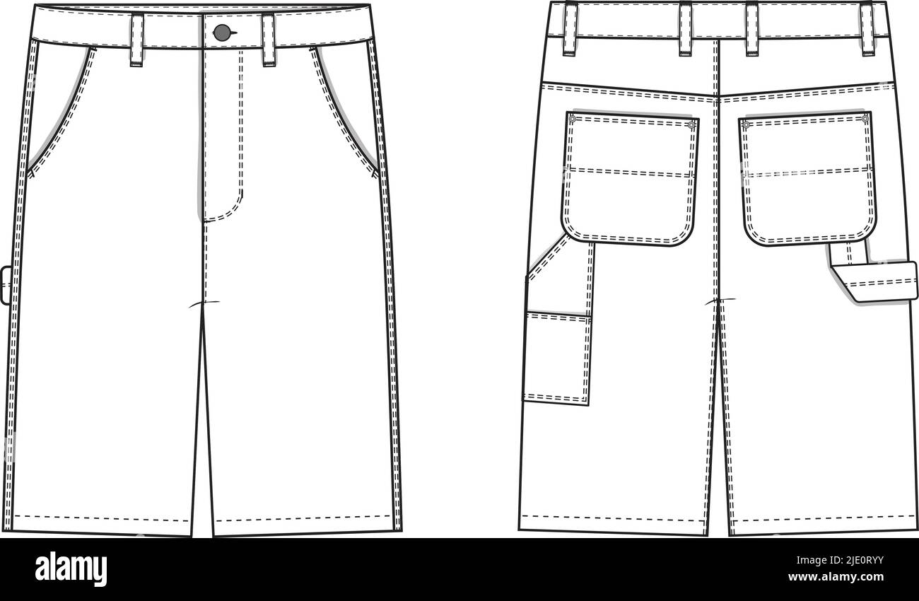 Carpenter Shorts Flat Technical Drawing Illustration Blank Workwear Streetwear Mock-up Template for Design and Tech Packs CAD Skate Stock Vector