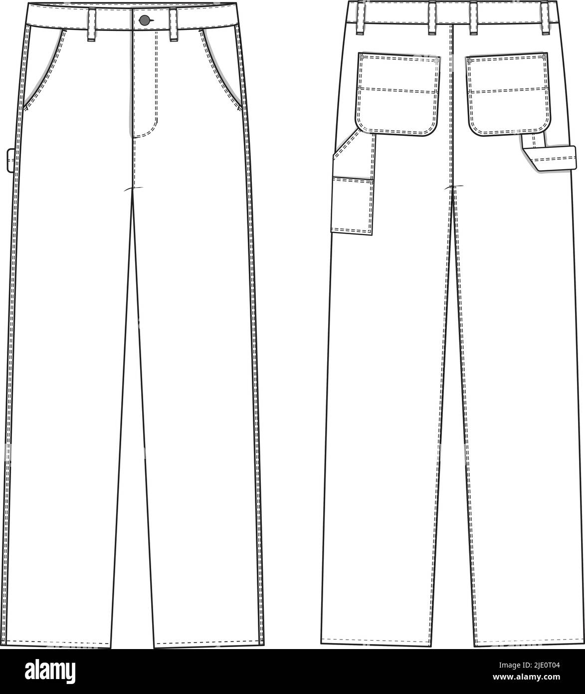 Carpenter Pants Work Skate Straight Leg Flat Technical Drawing Illustration Blank Workwear Streetwear Mock-up Template for Design and Tech Packs CAD. Stock Vector