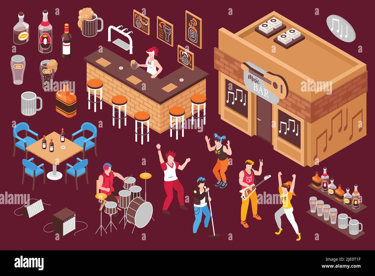 Music bar elements isometric set with bartender   pouring beer working musicians and dancing young people isolated vector illustration Stock Vector