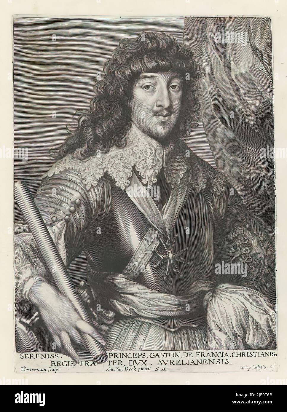 Portrait of Gaston Jean-Baptiste of France, Duke of Orleans, Icones Principum Vivorum Doctorum Pictorum Chalcographorum Statuariorum nec non Amatorum Pictoriae Artis Numero Centum ab Antonio van Dyck Pictore ad Vivum Expressae Eiusq: Sumptibus aeri incisae (series title), Iconographie (series title), This print is part of an album., print maker: Lucas Vorsterman (I), (mentioned on object), after painting by: Anthony van Dyck, (mentioned on object), publisher: Gilles Hendricx, (mentioned on object), Antwerp, 1630 - 1641 and/or 1645 - 1646, paper, engraving, height 230 mm × width 171 mm Stock Photo