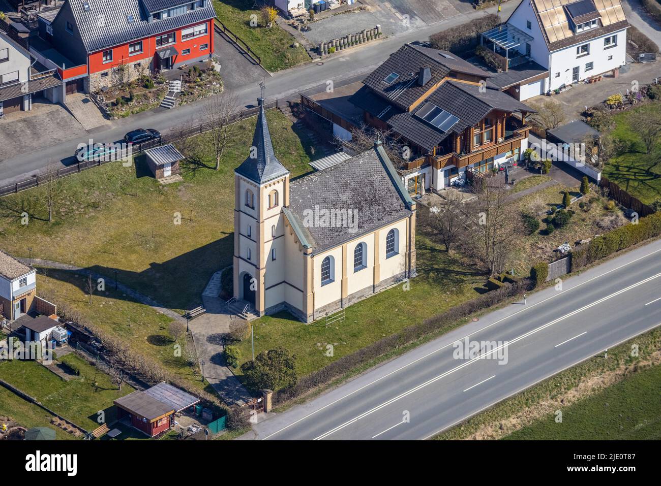 Aerial photograph, Protestant Dietrich Bonhoeffer Church in Oeventrop, Arnsberg, Sauerland, North Rhine-Westphalia, Germany, place of worship, DE, Eur Stock Photo