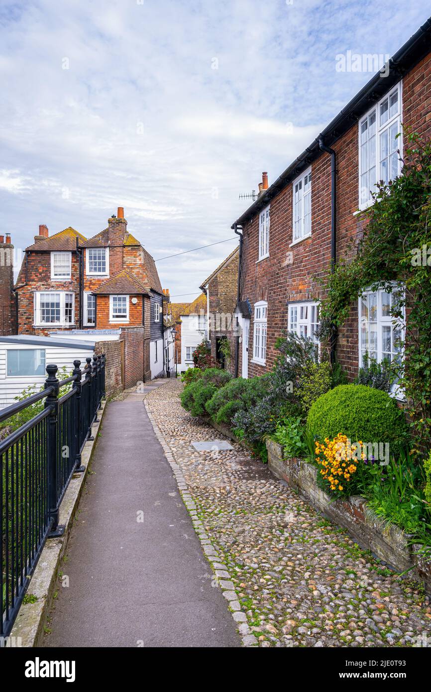 RYE, ENGLAND APRIL 19th, 2022 a narrow srteet in Rye bordered by