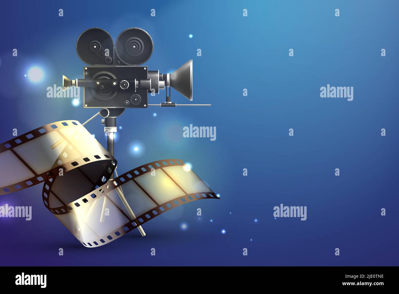 Film stripes realistic composition with abstract gradient background blurry lights and classic filming camera with reel vector illustration Stock Vector