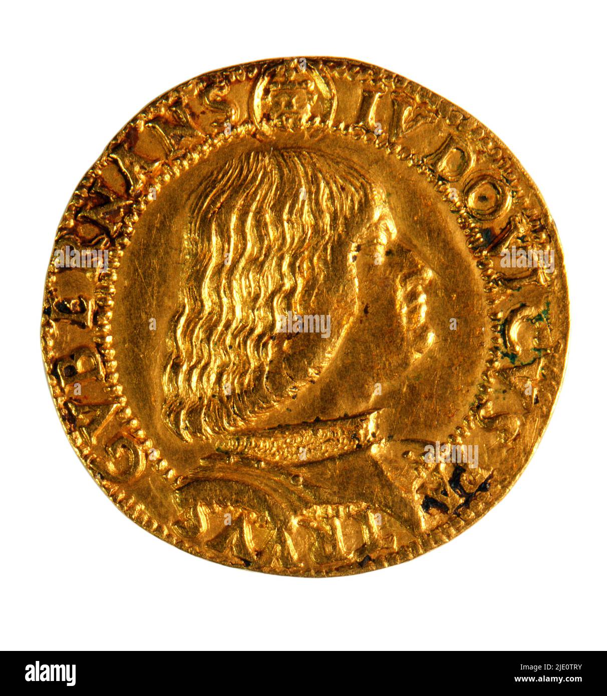 Milan, Testone of Ludovico il Moro, double gold duchy, 688 grams. Regency of Ludovico Maria Sforza 1481-1494. Extremely rare, detail. FRONT detail Armored bust of the regent duke. Very fine Renaissance portrait. Stock Photo