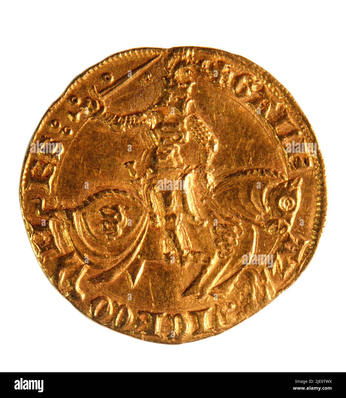 Milan, Gian Galeazzo Visconti 1385-1402. Back  Florin or duchy, with the duke on horseback and shield, helmet and crest. Gold, 3.42 g. Very rare. Stock Photo