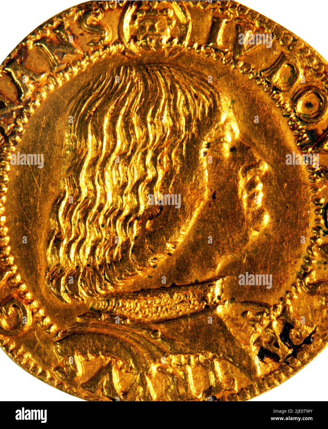 Milan, Testone of Ludovico il Moro, double gold duchy, 688 grams. Regency of Ludovico Maria Sforza 1481-1494. Extremely rare, detail. FRONT detail Armored bust of the regent duke. Very fine Renaissance portrait. Stock Photo