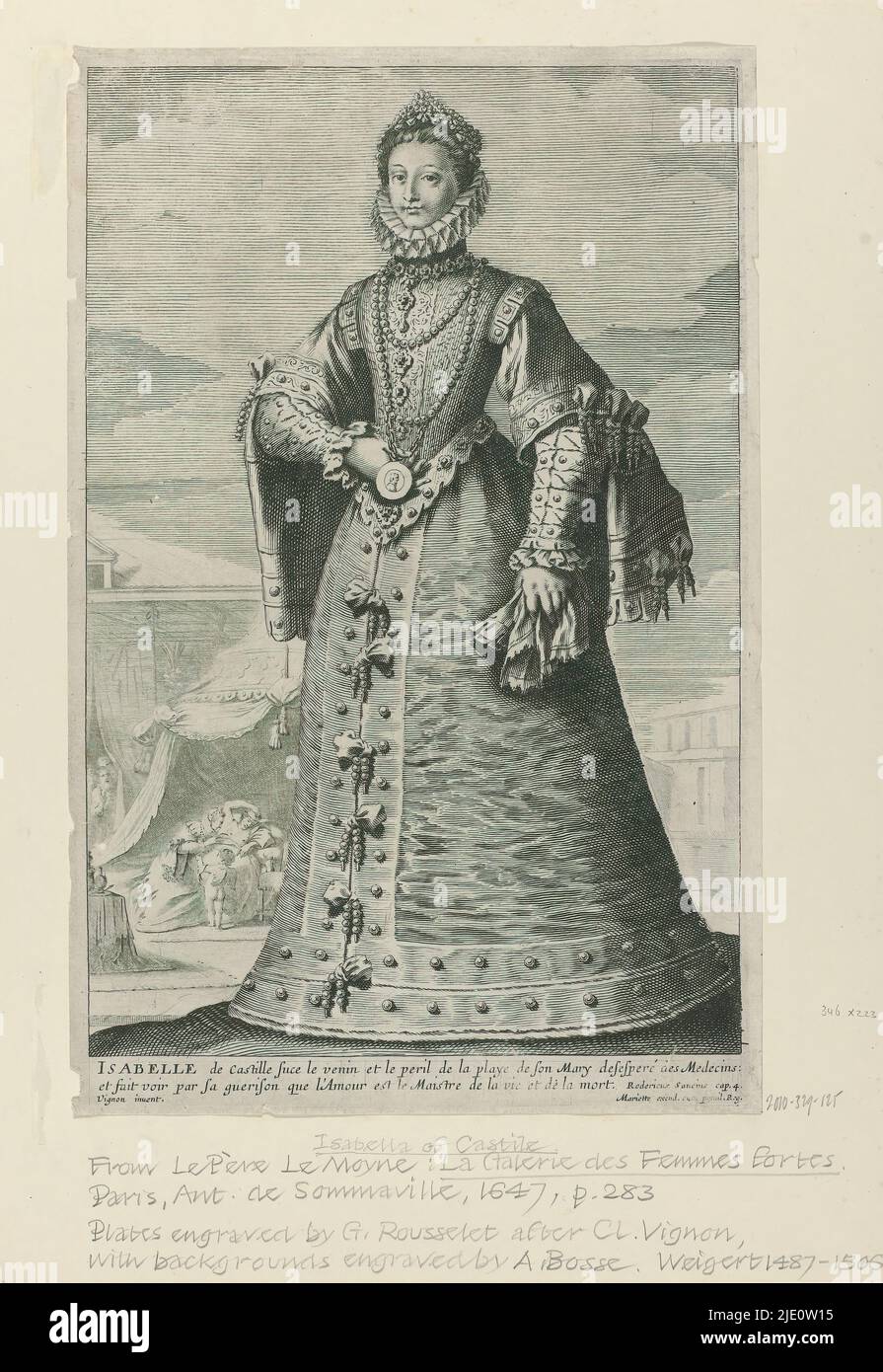 Portrait Isabella of Castile, print maker: Gilles Rousselet, (mentioned on object), print maker: Abraham Bosse, after design by: Claude Vignon, (mentioned on object), France, 1647, paper, engraving, etching, height 346 mm × width 223 mm Stock Photo