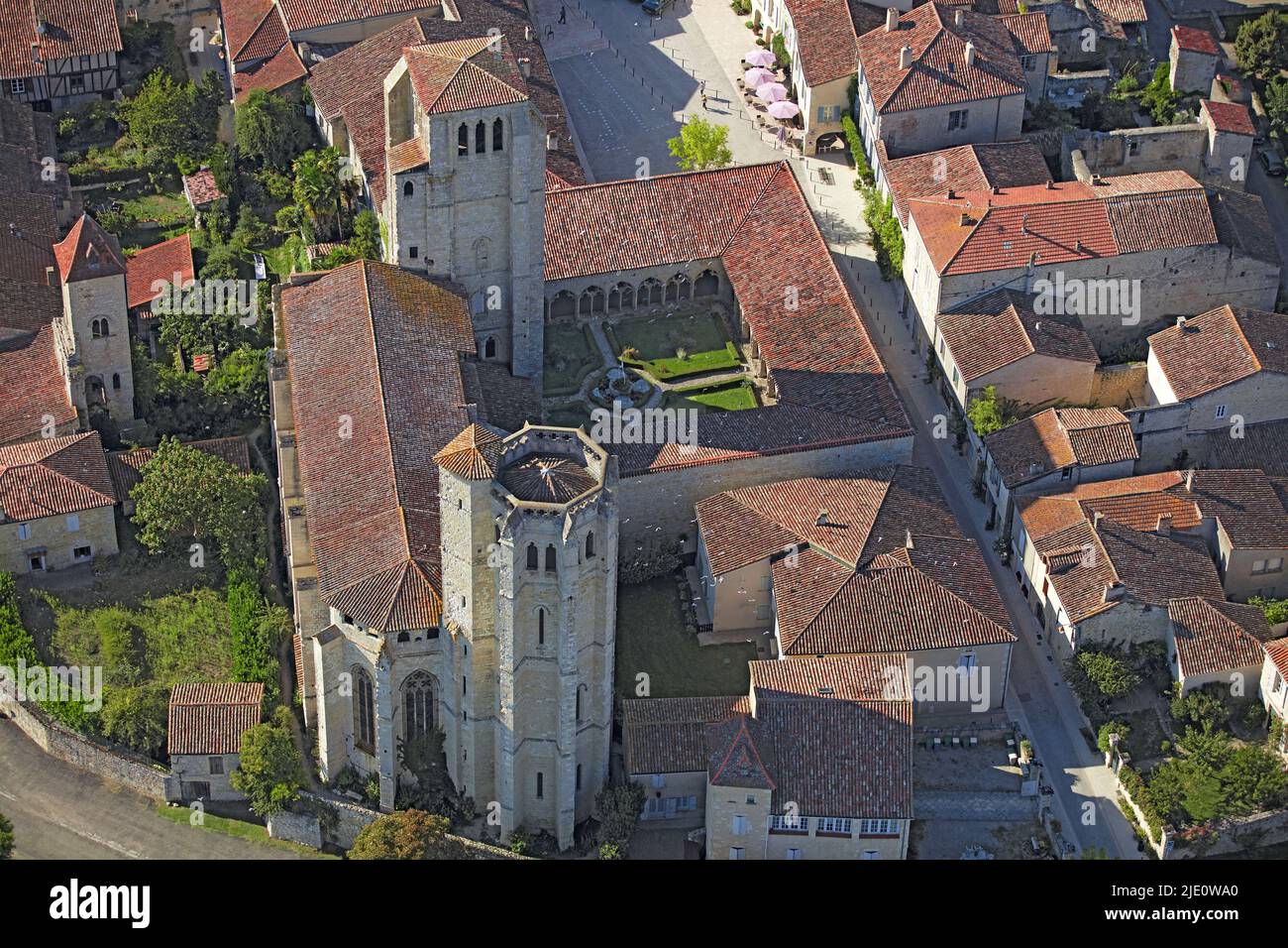 France, Gers, La Romieu, medieval village and Collegiate (aerial photo) Stock Photo
