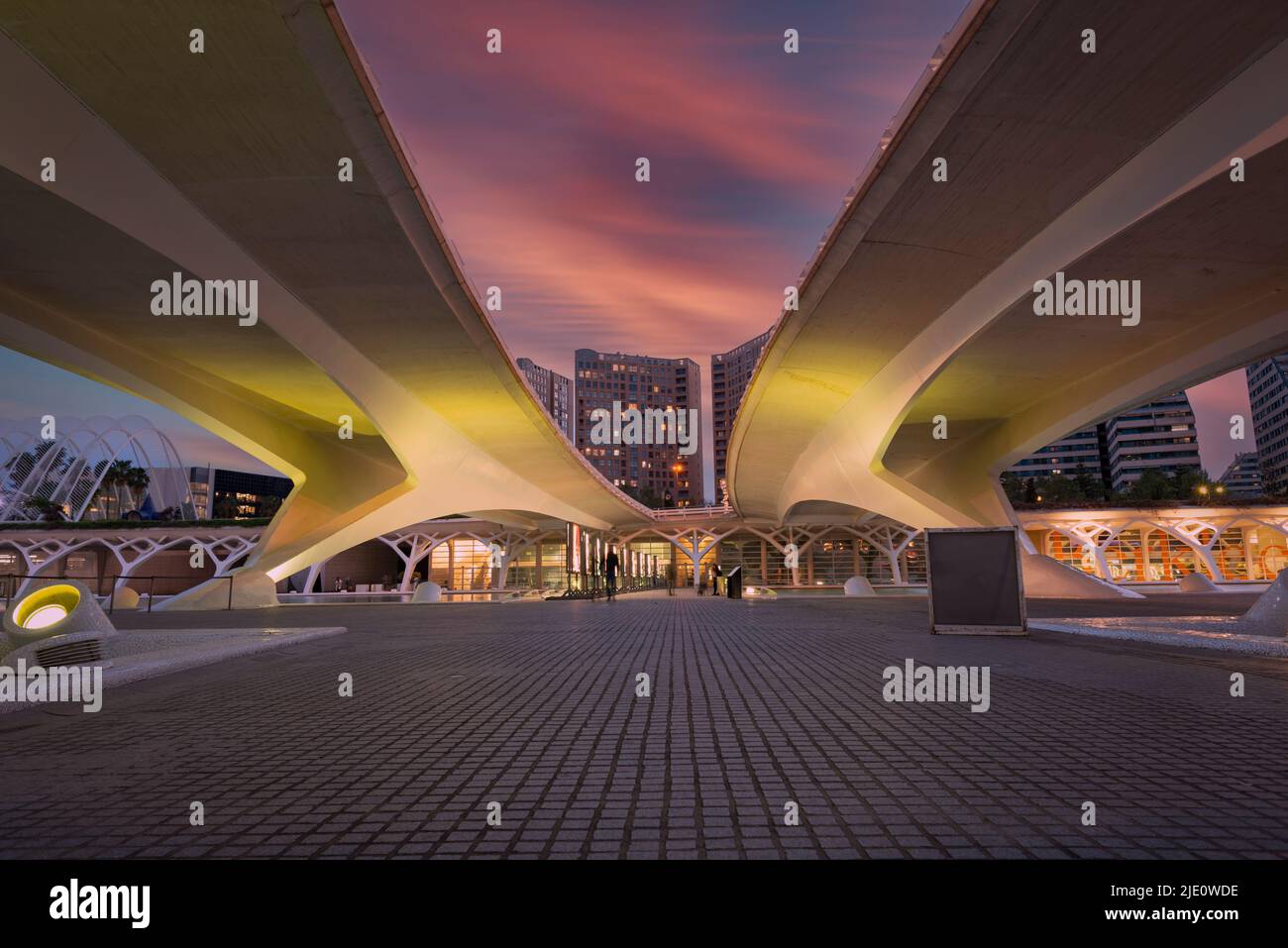 Illuminated bridge at the Ciudad de las Artes y las Ciencias Stock Photo