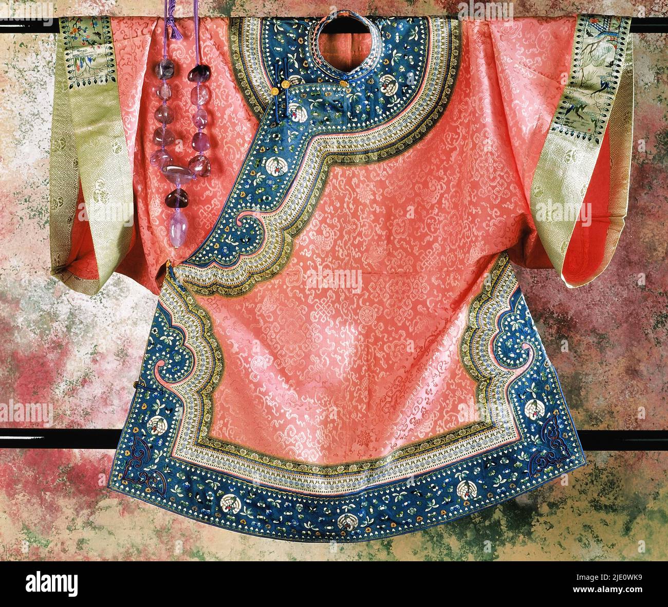 Ancient Chinese clothes, tunic with large sleeves and embroidery, Qing dynasty, nineteenth century. Stock Photo