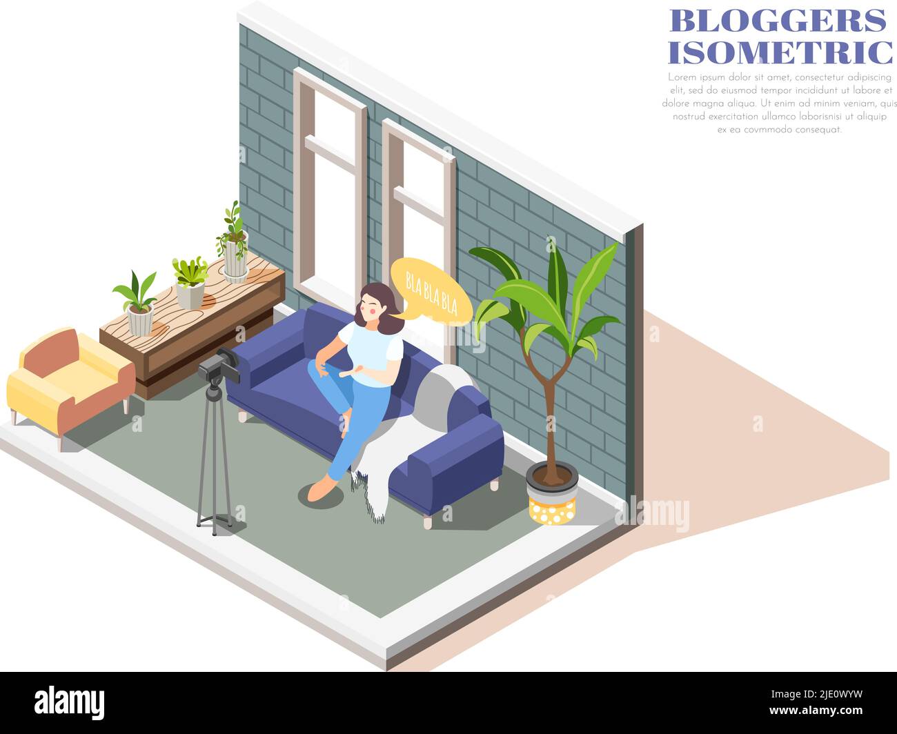 Vlogger sitting on sofa recording video with camera isometric composition 3d vector illustration Stock Vector