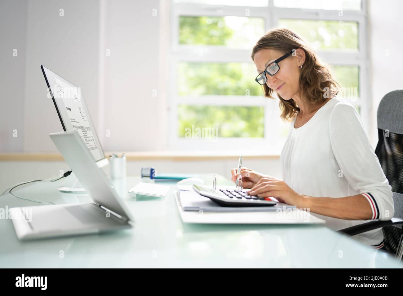 Accounting Bookkeeper Clerk Woman. Bank Advisor And Auditor Stock Photo
