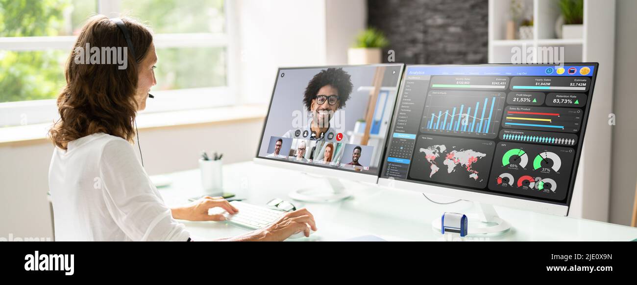 Online Business Video Conference Call On Computer Stock Photo
