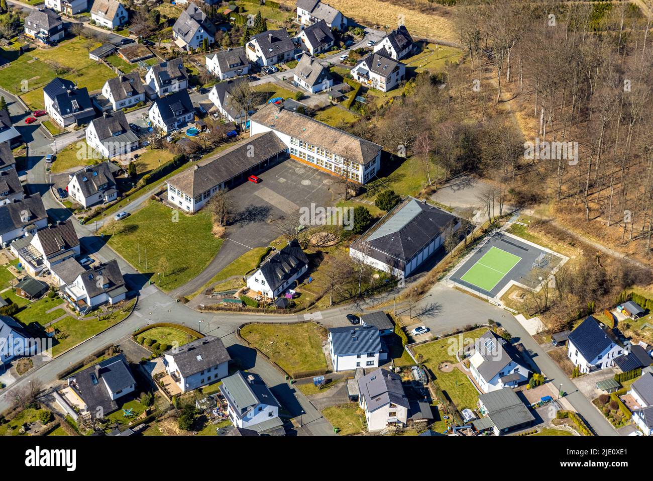 Aerial view, Anne-Frank-School with gymnasium and playground, Ostwig, Bestwig, Sauerland, North Rhine-Westphalia, Germany, education, educational inst Stock Photo