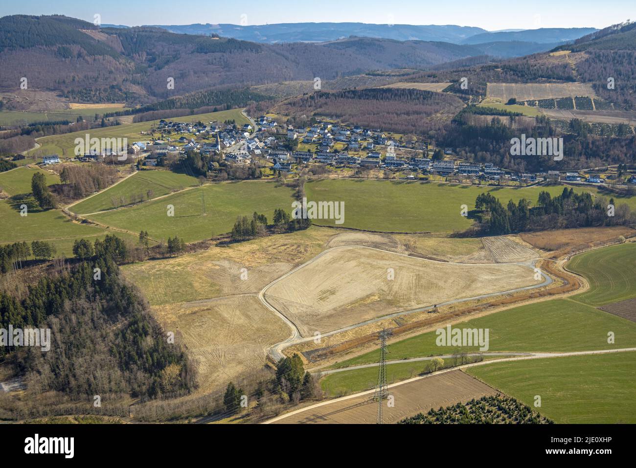 Aerial photograph, fallow land between Heringhausen and Andreasberg, Bestwig, Sauerland, North Rhine-Westphalia, Germany, DE, Europe, hilly landscape, Stock Photo
