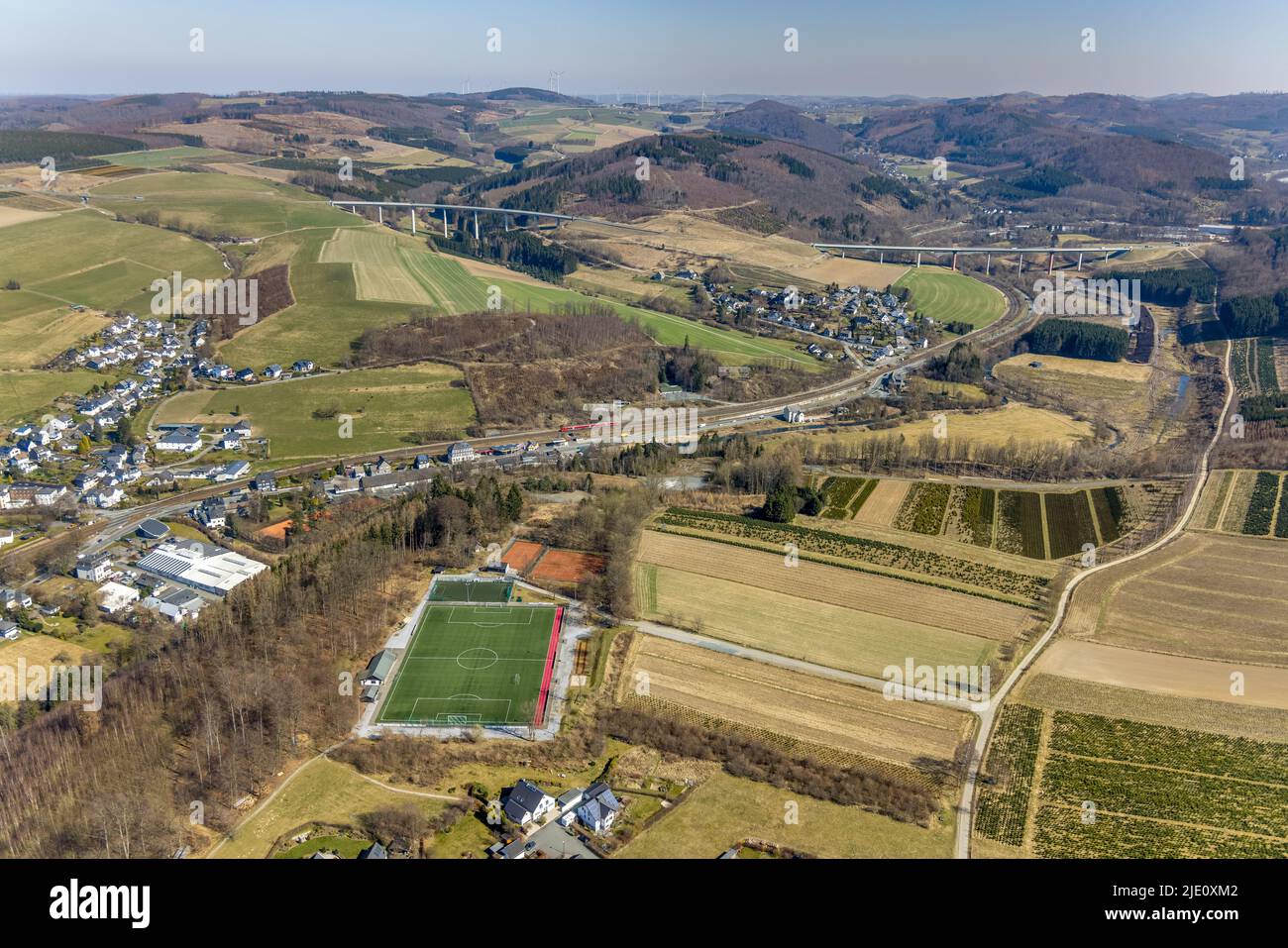 Aerial photo, Ostwig sports field and tennis courts in Bestwig, Sauerland, North Rhine-Westphalia, Germany, Bestwig, DE, Europe, football field, footb Stock Photo