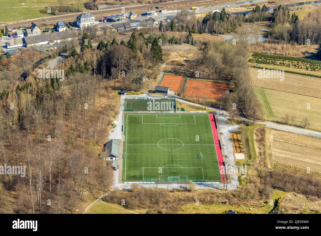 Aerial photo, Ostwig sports field and tennis courts in Bestwig, Sauerland, North Rhine-Westphalia, Germany, Bestwig, DE, Europe, football field, footb Stock Photo