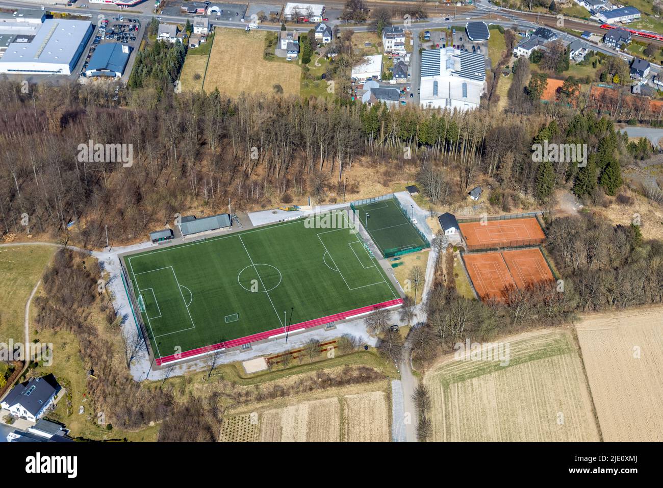 Aerial photo, Ostwig sports field and tennis courts in Bestwig, Sauerland, North Rhine-Westphalia, Germany, Bestwig, DE, Europe, football field, footb Stock Photo