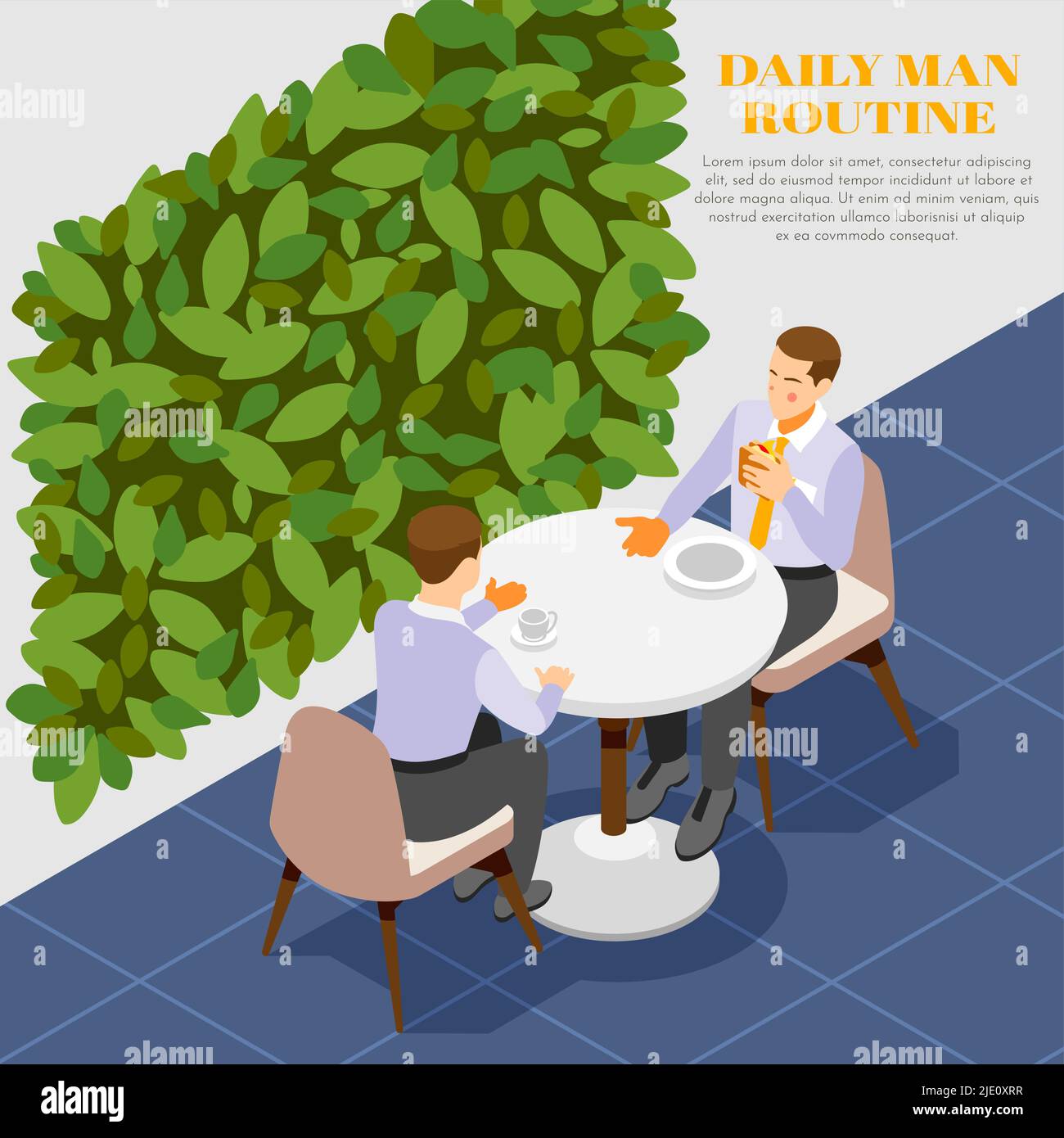 Daily routine background with two men talking and eating during lunch ...