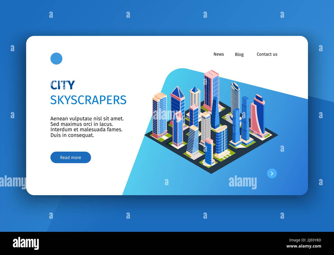 Isometric city concept banner for website landing page with clickable links buttons and tall buildings images vector illustration Stock Vector