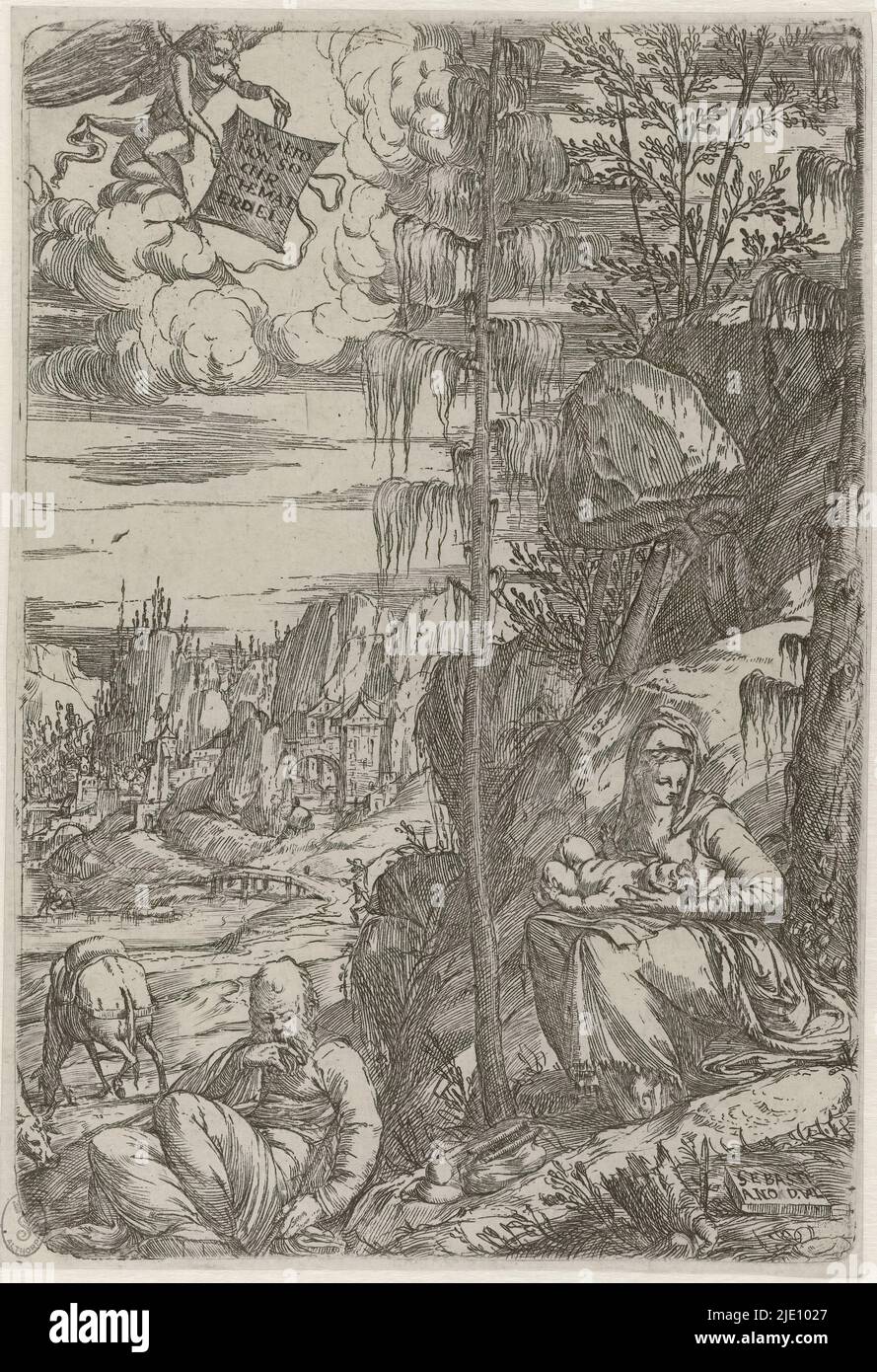 Rest on the Flight into Egypt, Rest on the Flight into Egypt in a landscape of trees and rocks with a city in the background., print maker: Sebastiano de'Valentinis, (mentioned on object), Italy, c. 1550 - c. 1555, paper, etching, height 209 mm × width 146 mm, height 202 mm × width 142 mm Stock Photo