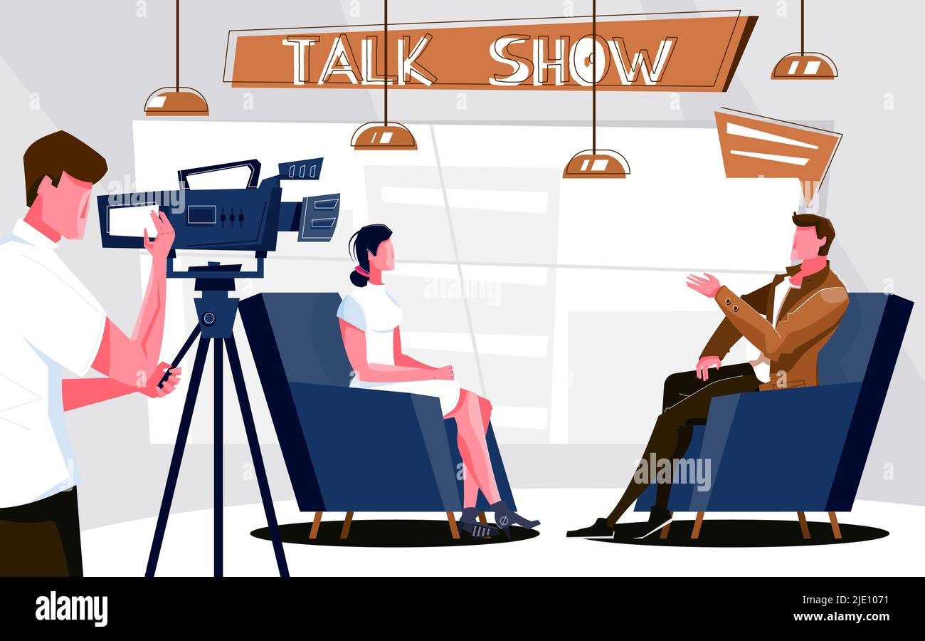 Talk Show Flat Composition With Indoor Scenery Of Television Studio 