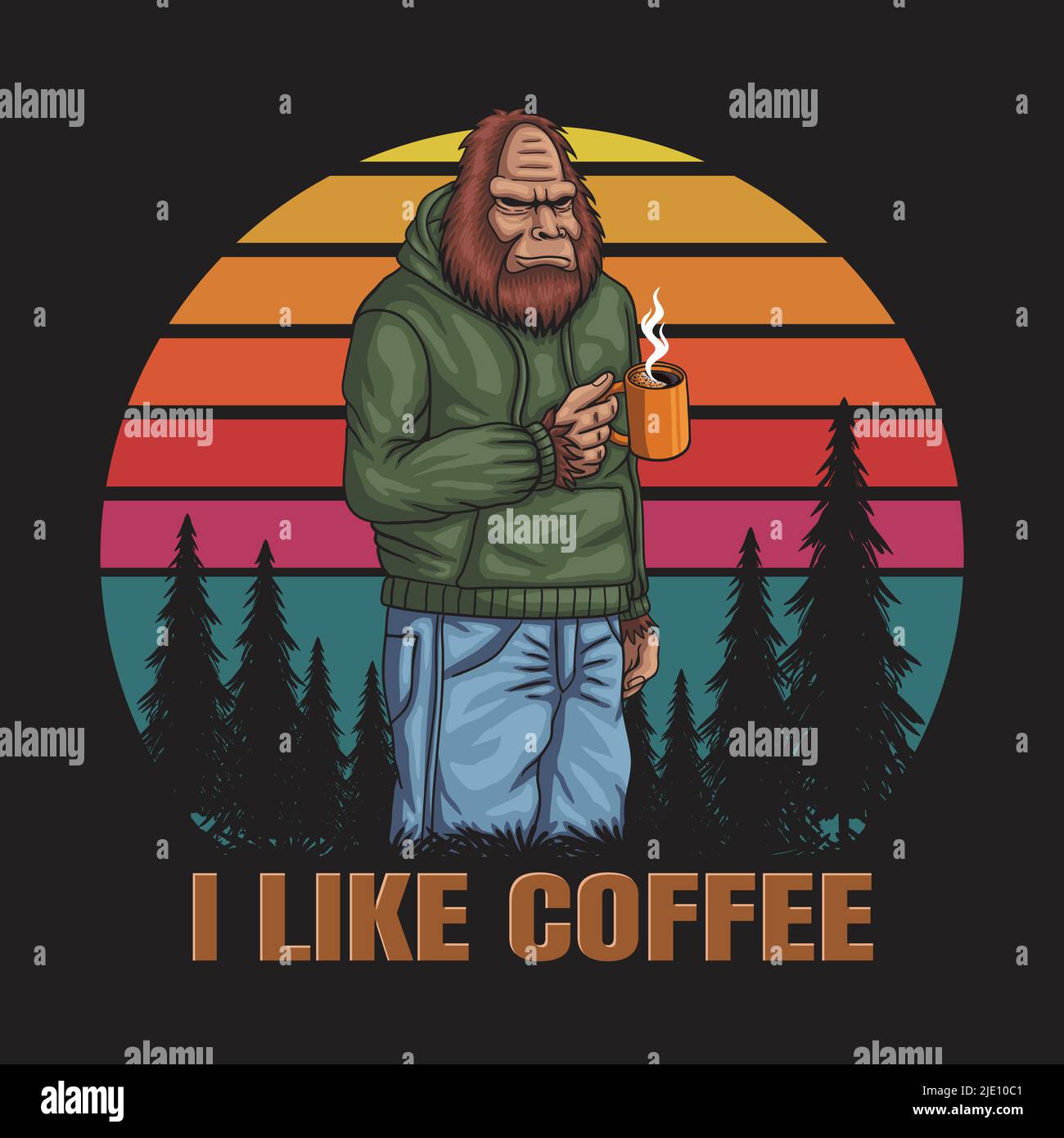Bigfoot relaxing drink coffee retro vector illustration Stock Vector