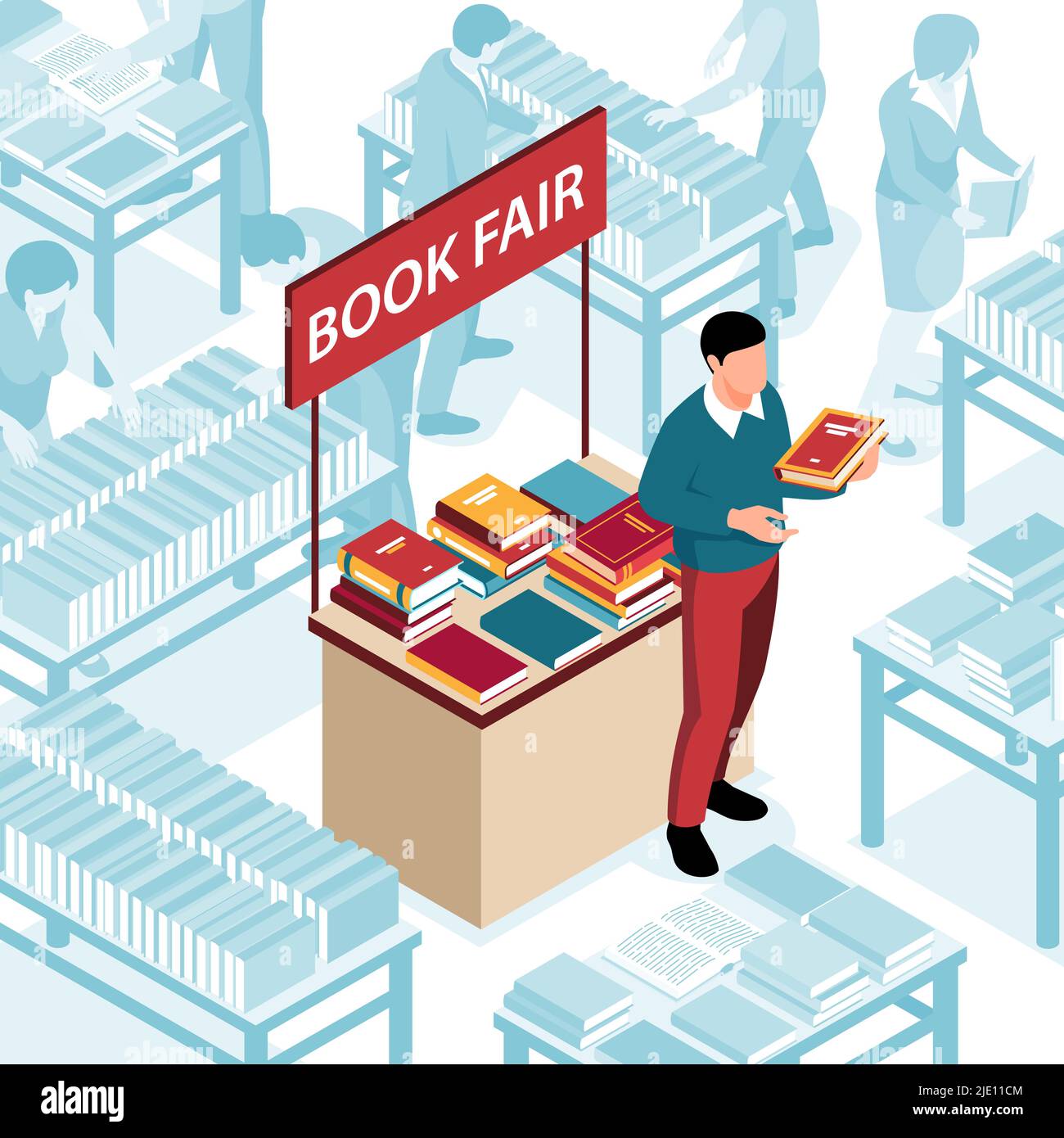 Man next to stand with books at literature exhibition 3d isometric vector illustration Stock Vector