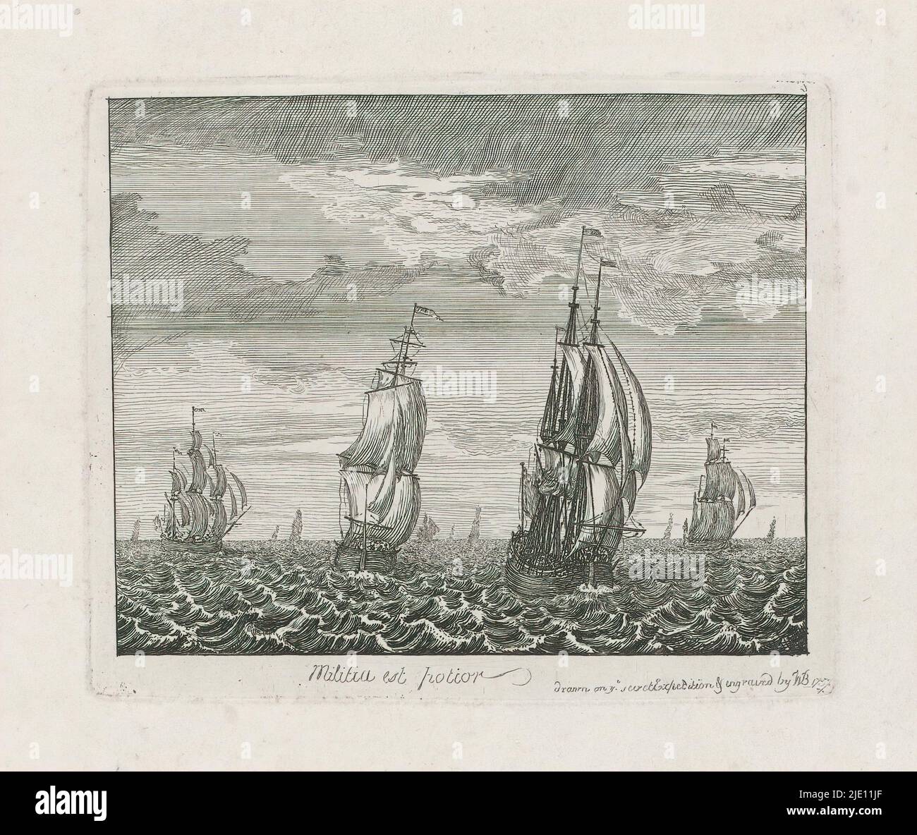 Sailing ships on the high seas, Militia est potior (title on object), Sea with two large sailing ships in the foreground seen from behind. Print signed by William Baillie with addition: 'drawn on a secret Expedition & engraved by WB 1757'., print maker: William Baillie, (mentioned on object), after drawing by: William Baillie, (mentioned on object), 1757, paper, etching, height 124 mm × width 152 mm Stock Photo