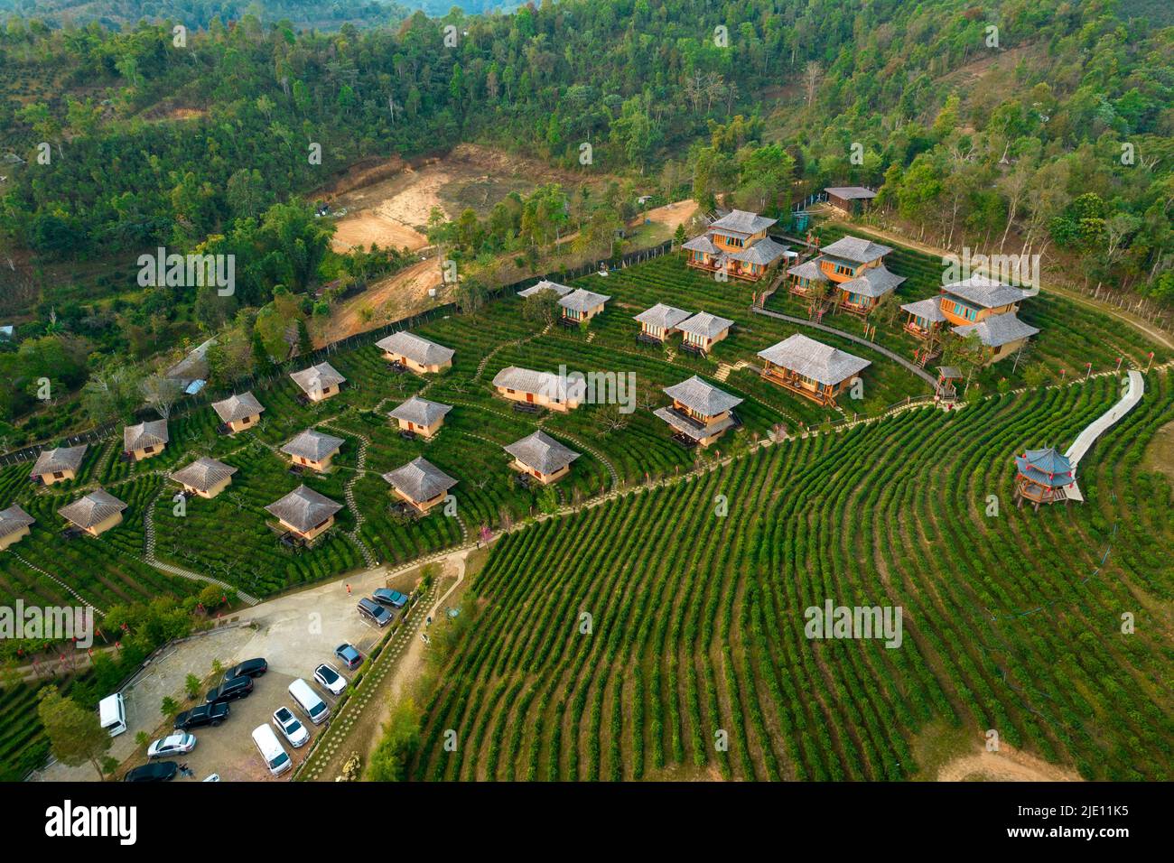 Aerial view of dirt houses and green tea plantation of the Ban Rak Thai village in north Thailand Stock Photo