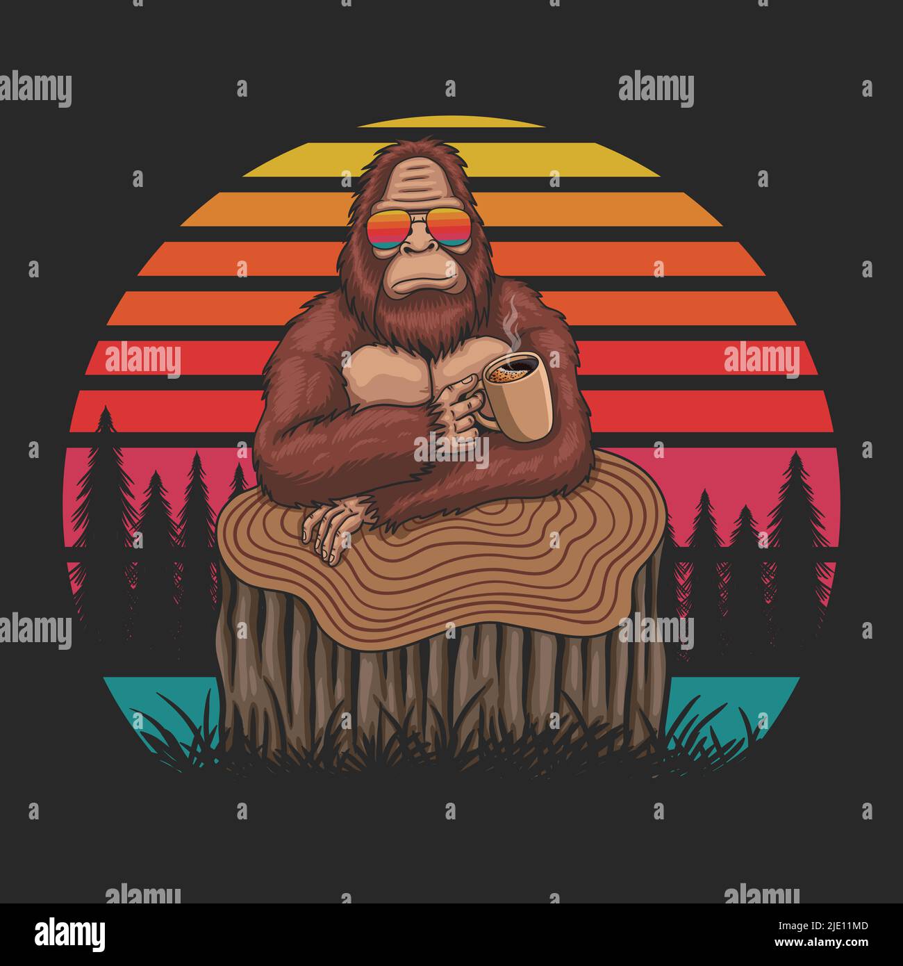 Bigfoot relax drink coffee retro vector illustration Stock Vector