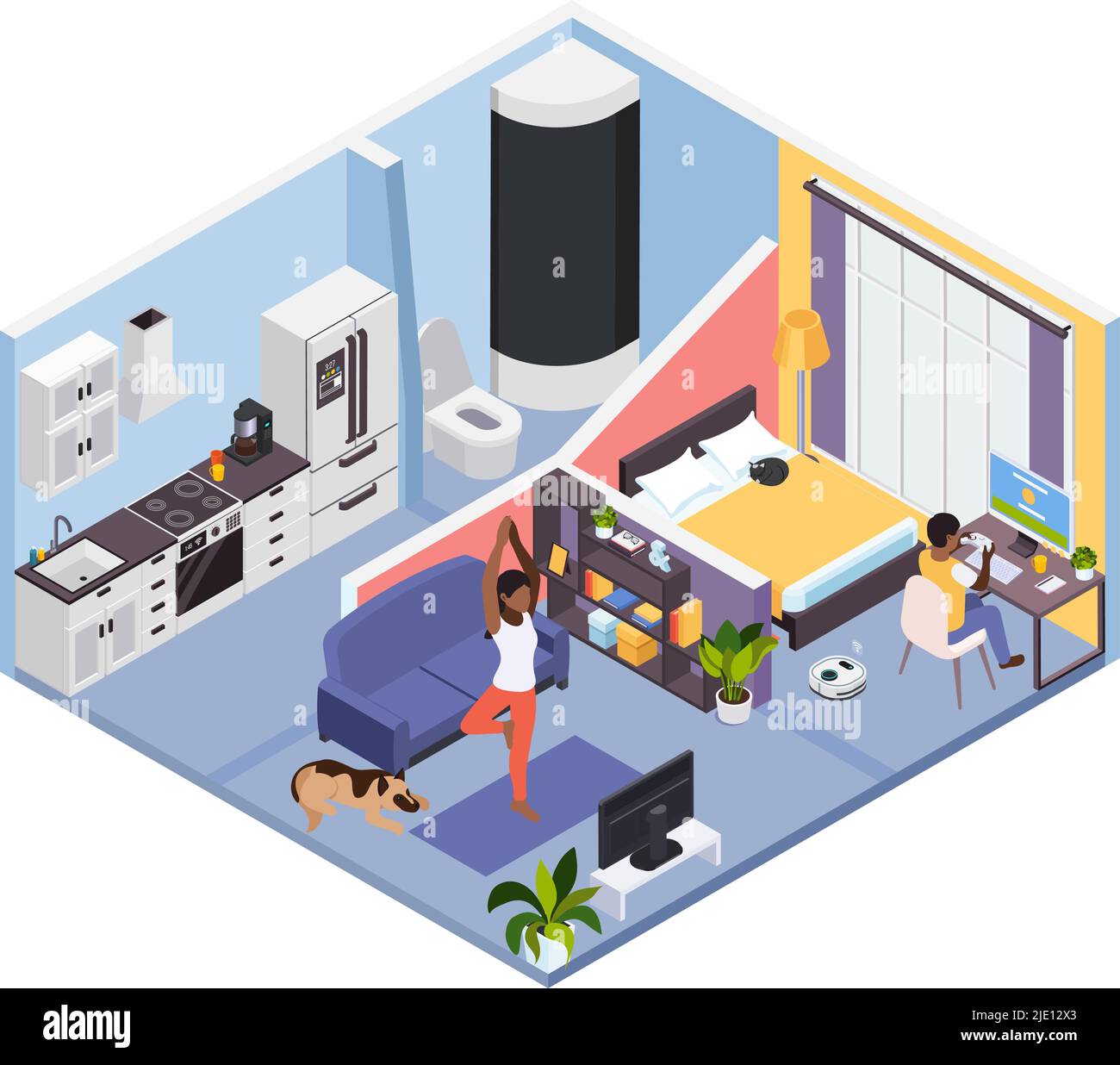 Working distantly following gym program online during corona virus stay home isometric apartment interior vector illustration Stock Vector
