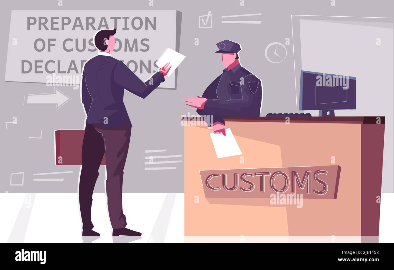 Custom declaration flat composition with border checkpoint stand and officer of red channel with editable text vector illustration Stock Vector