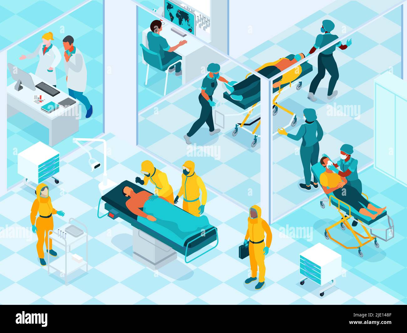 Infectious disease isometric composition with virus treatment symbols vector illustration Stock Vector