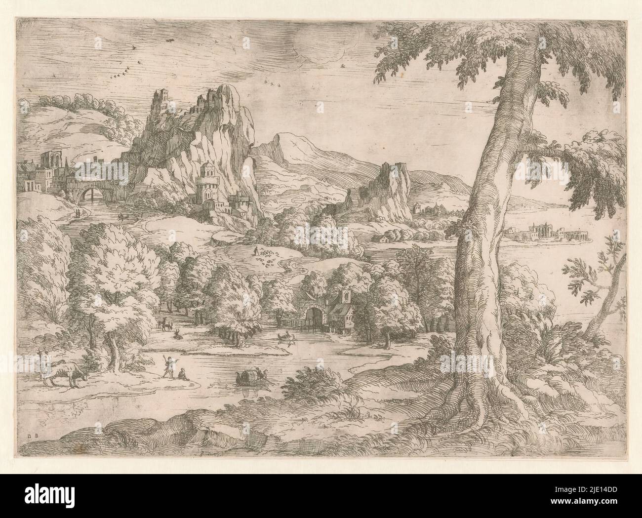 Panoramic landscape with large tree, Panoramic landscape with a large tree in the foreground right. In the center plan a river with gondola and cattle and deer among the bushes. In the background a coastal landscape with mountains and a city., print maker: Monogrammist DB (etser 16de eeuw), (mentioned on object), print maker: Dirck Barendsz., (rejected attribution), Italy, c. 1560 - c. 1580, paper, etching, height 308 mm × width 428 mm Stock Photo
